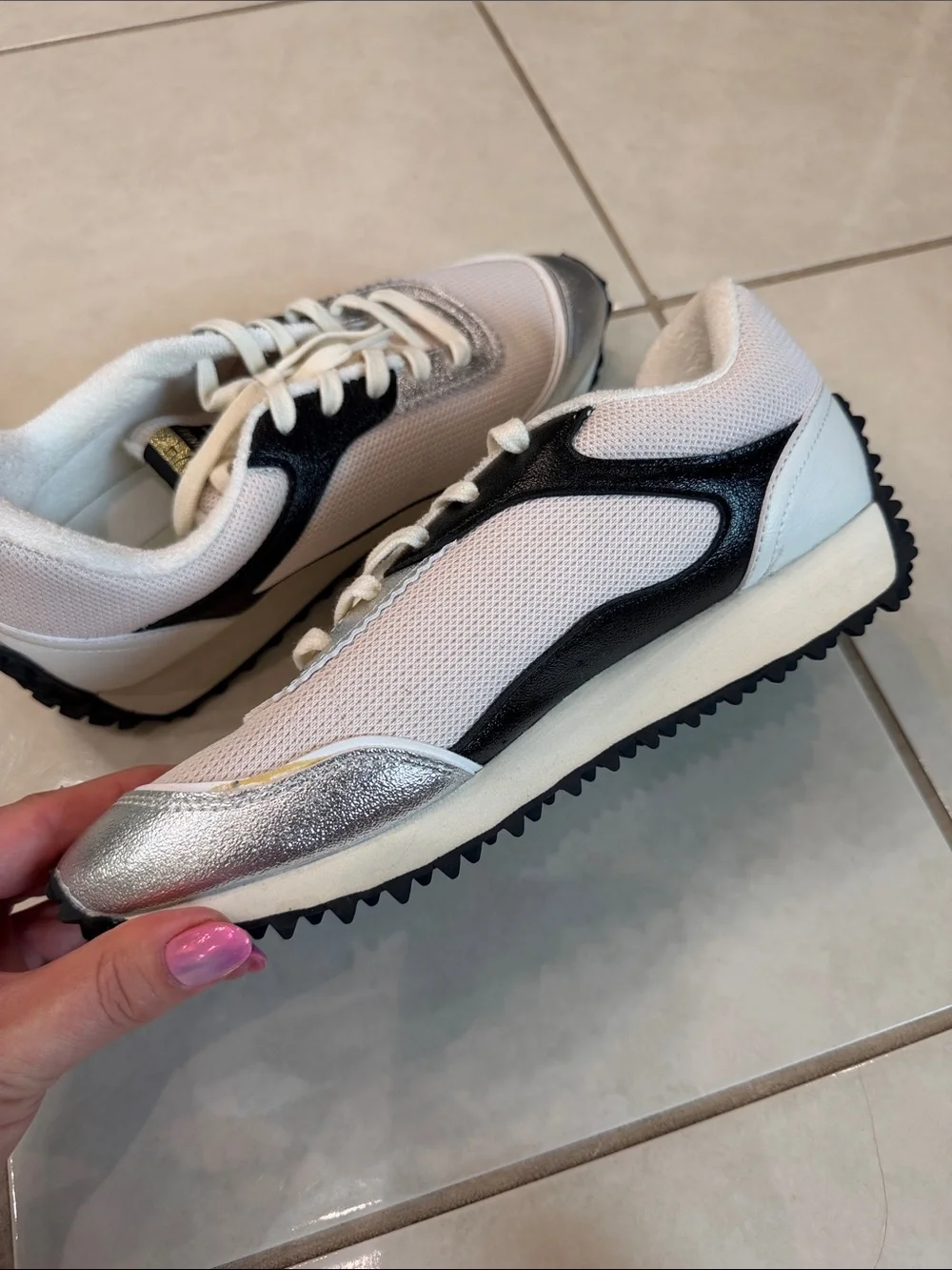Vintage Havana White and Silver Women's Sneakers with Black Accents